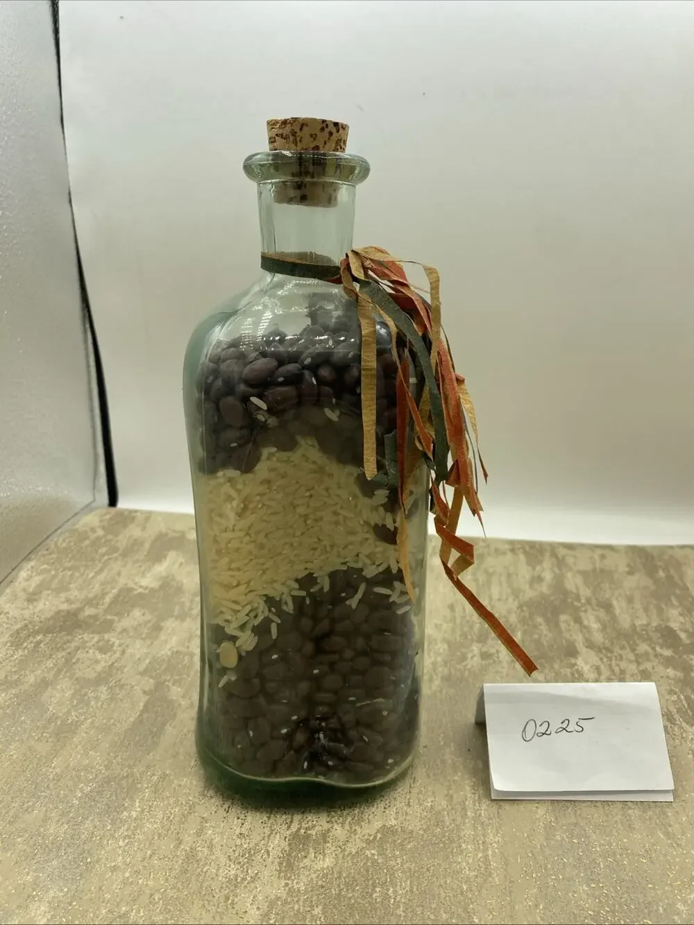 10” Vintage Decorative Glass Bottled Filled With Layers Of Beans And Rice Corked
